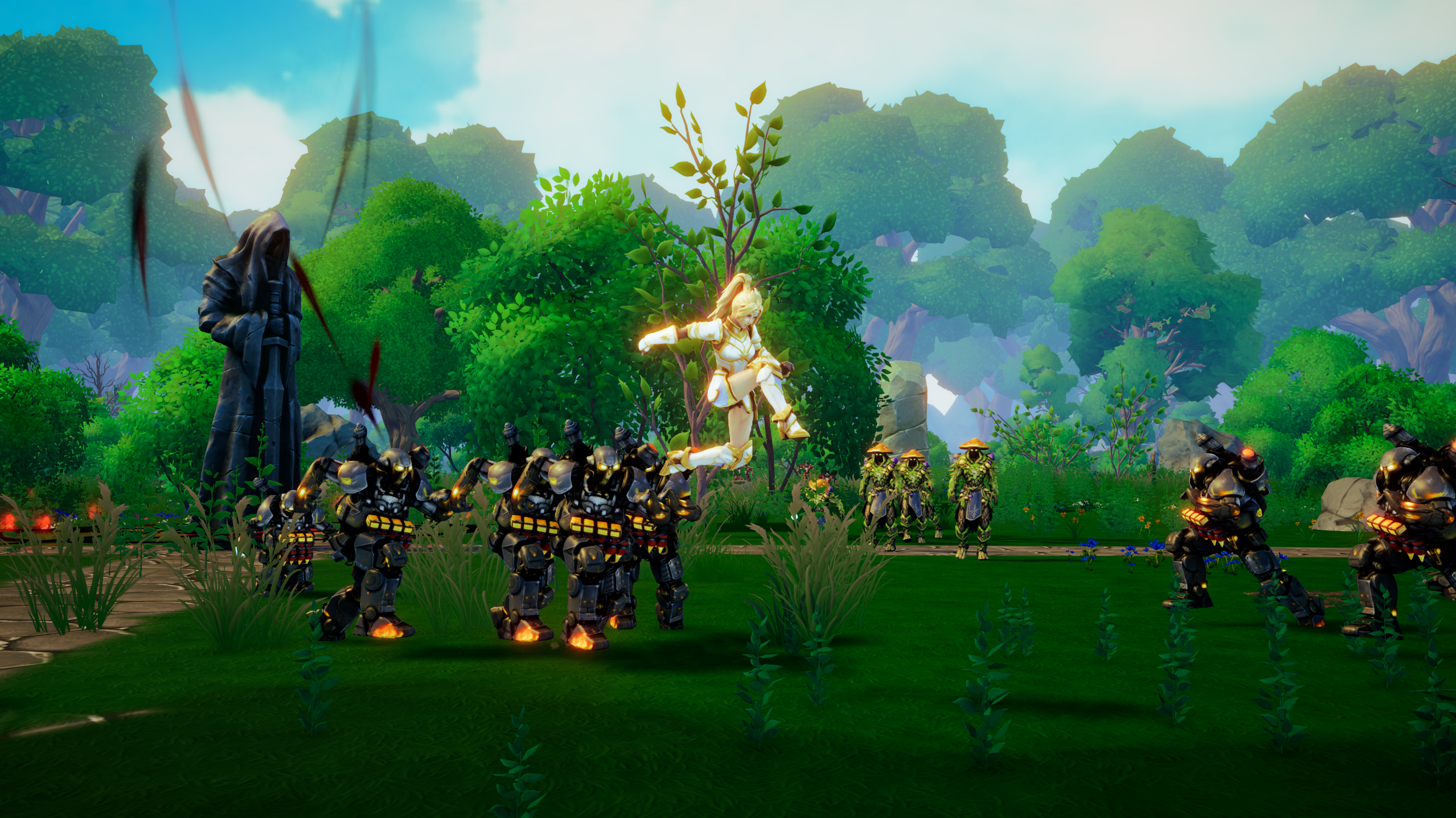 A brighter summer combat scene from Where Giants Fall showing the broader biome lighting and atmosphere pass in v0.37.
