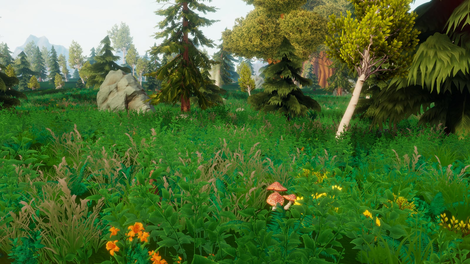 A lush ancient forest scene with giant trees in Where Giants Fall.