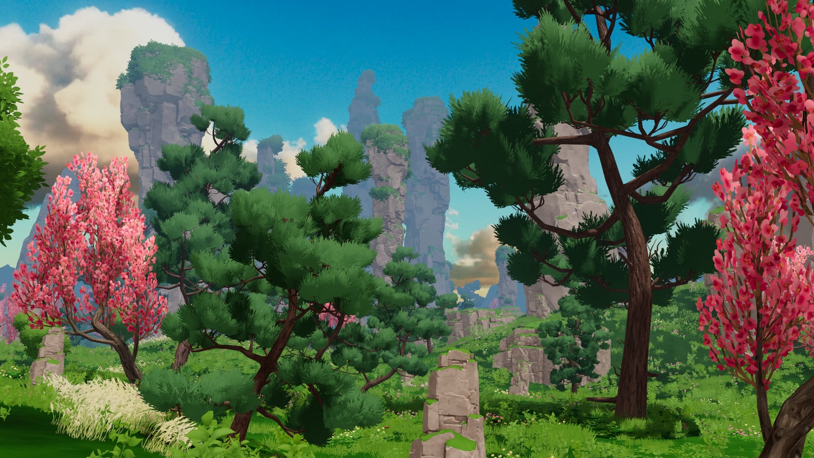 A bright mountain forest biome with flowering trees and stone pillars in Where Giants Fall.
