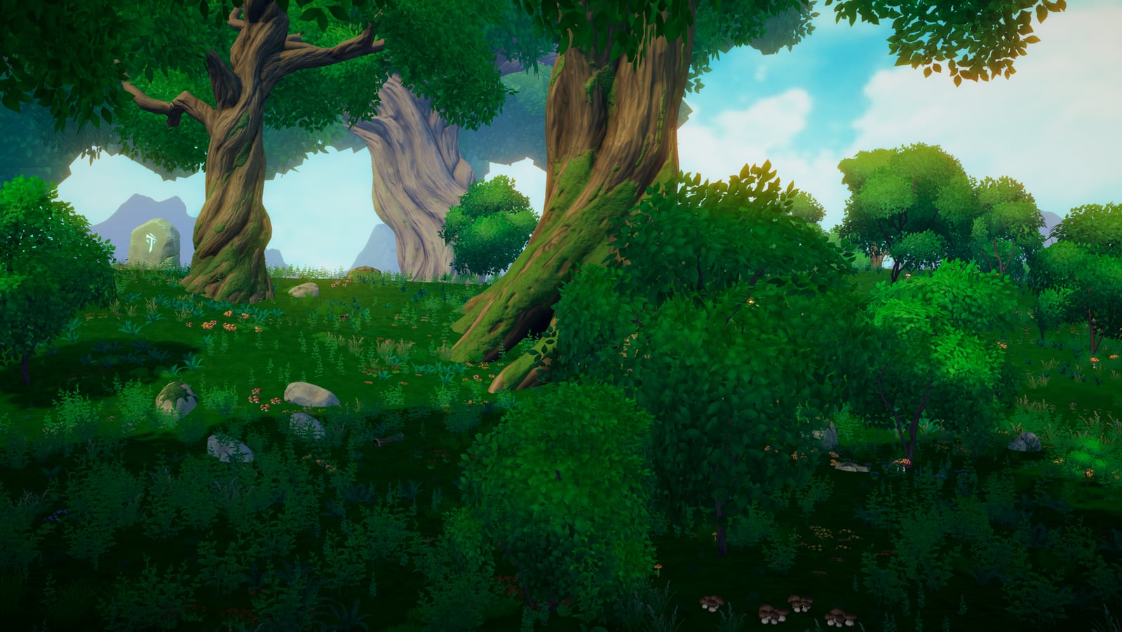 A dense green summer forest floor with flowers and mushrooms in Where Giants Fall.