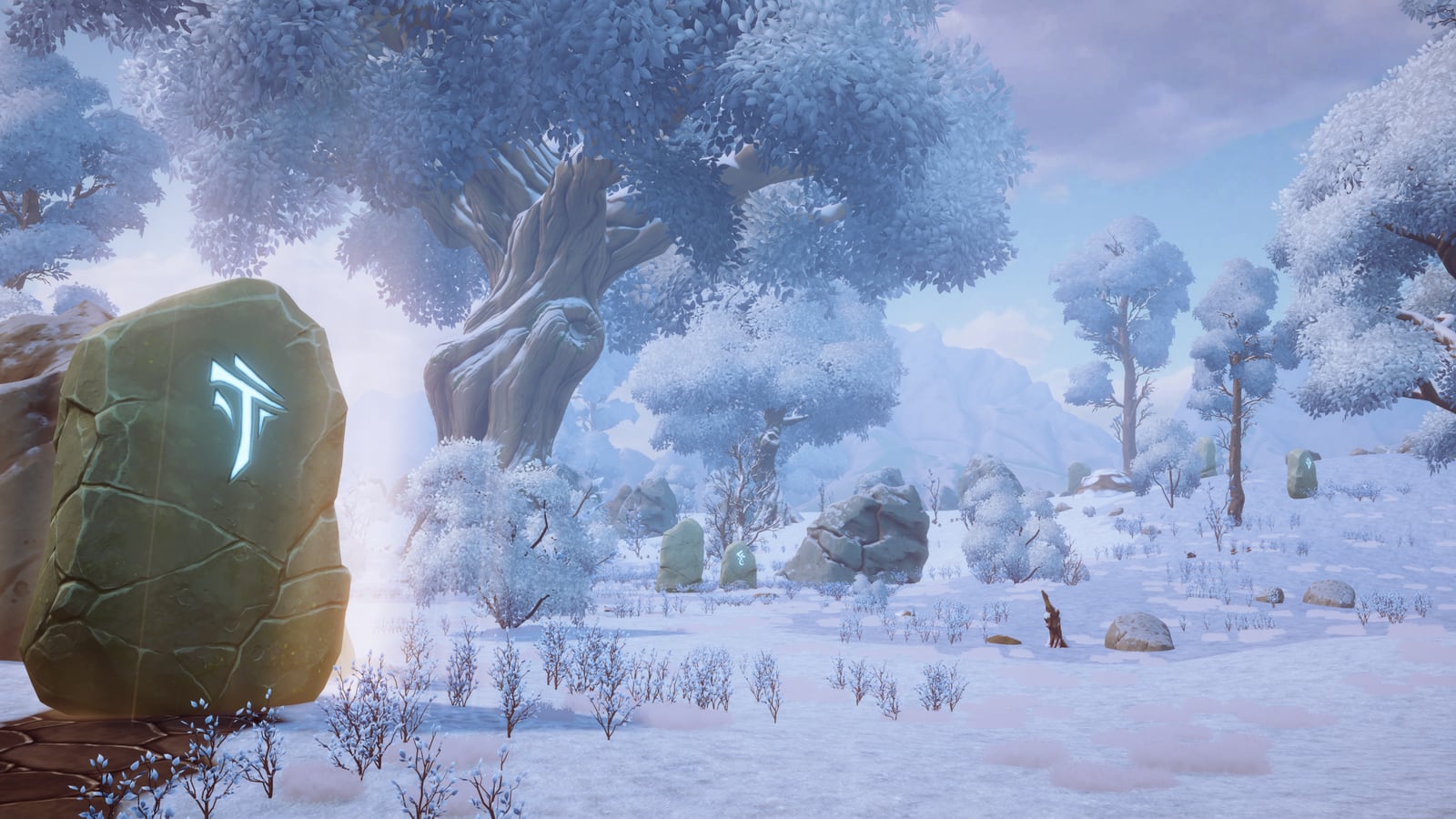 A snowy winter forest biome with frosted trees in Where Giants Fall.