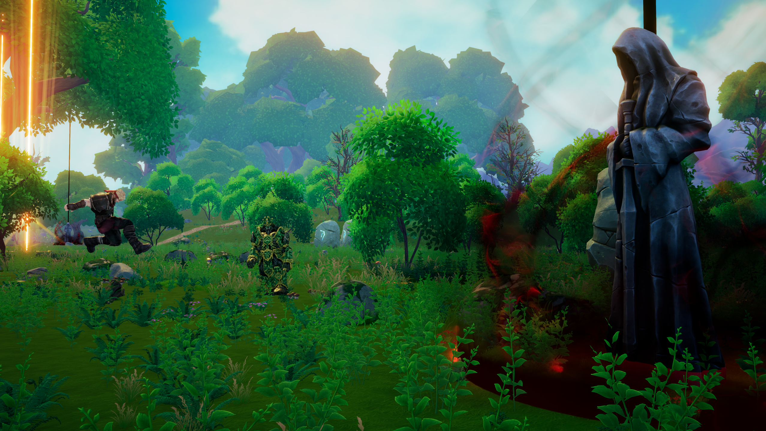 A Giant Pressure statue on the edge of a forest stage in Where Giants Fall v0.60.