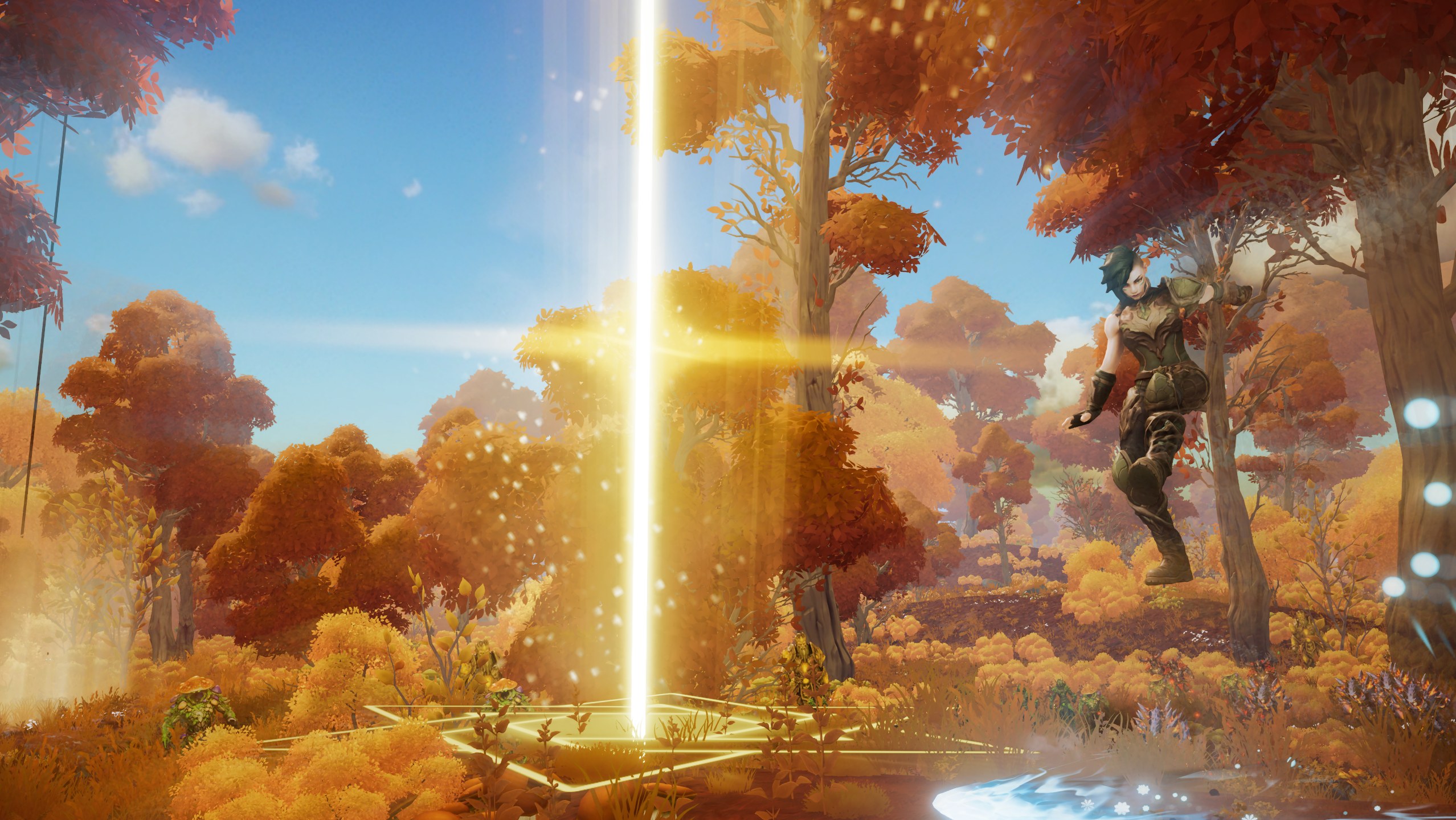 An autumn forest under a clear blue sky, with a shaft of golden light rising from a rune on the ground in Where Giants Fall v0.62.