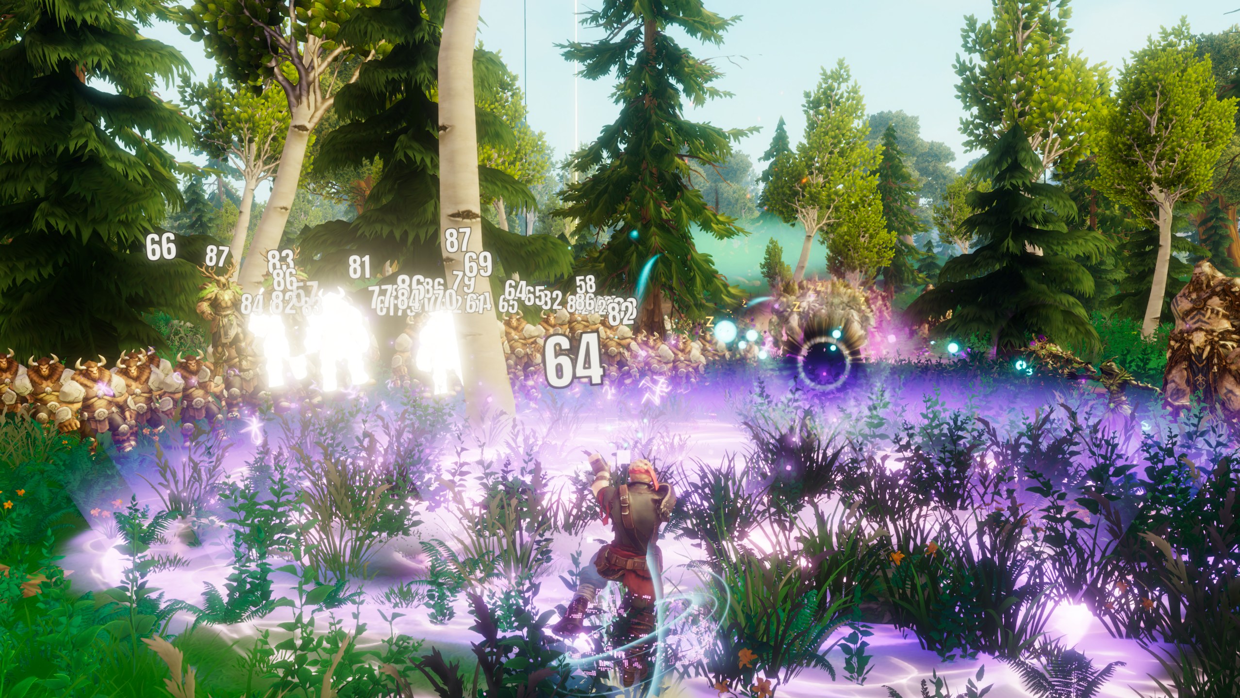 Manaburst's Singularity collapsing into a black hole core amid a crowd of enemies in a summer forest in Where Giants Fall v0.62.