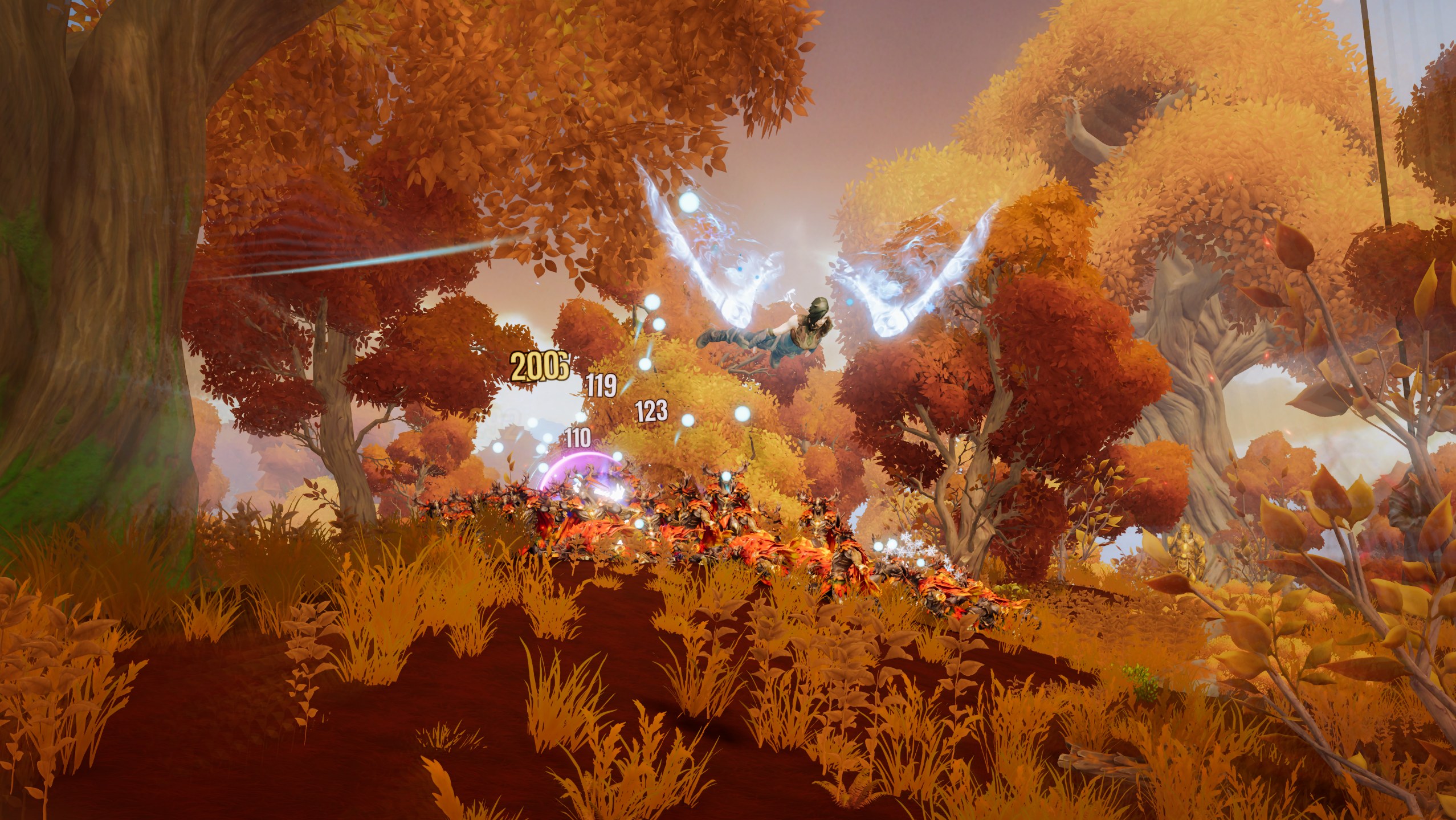 A player riding an airborne Power Slide in the wingsuit pose over a line of enemies in an autumn forest in Where Giants Fall v0.62.