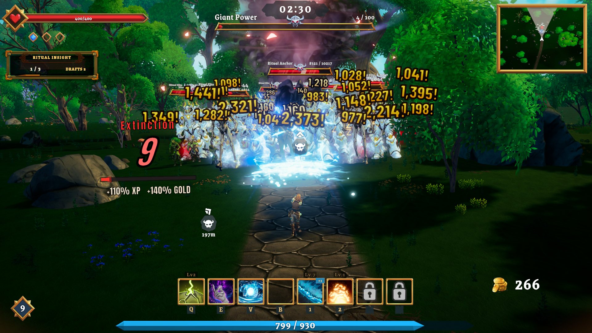 A ritual battlefield with large gold critical damage numbers in the thousands erupting over a packed wall of Ritual Elites, alongside an Extinction warpath counter, in Where Giants Fall v0.63.