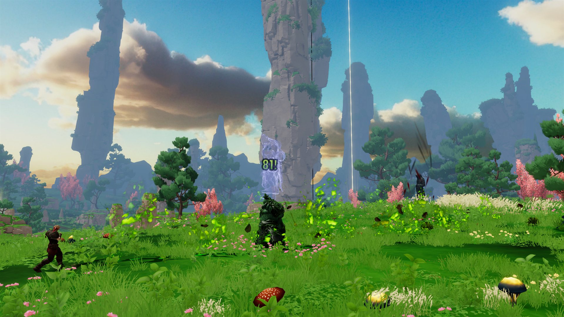 A dying enemy rupturing into fragments with a rising pale spectral silhouette above it, in a bright mountain meadow with stone spires, in Where Giants Fall v0.63.