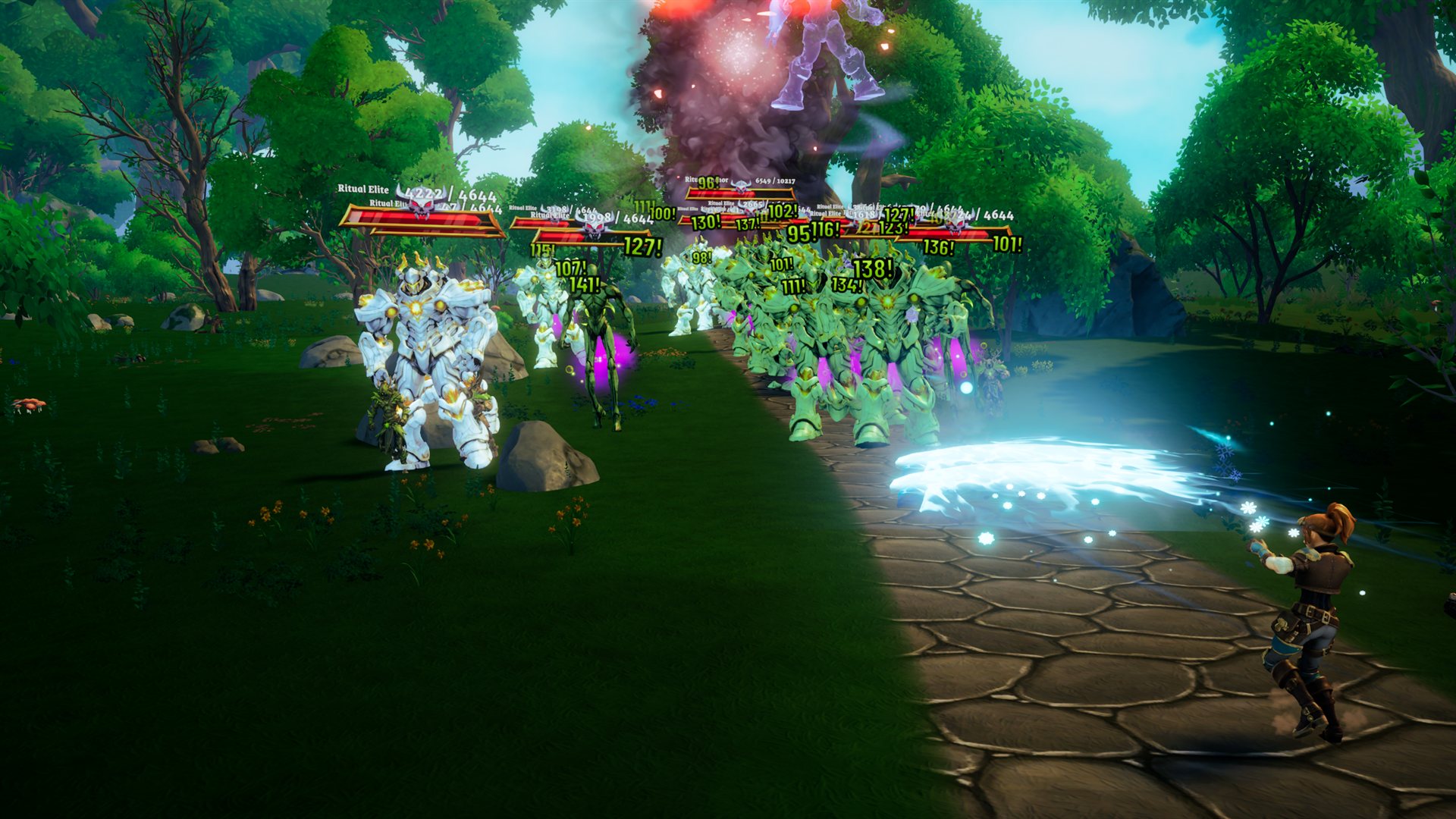 A pack of green-glowing poisoned Ritual Elites advancing down a stone path, each showing its own stream of venom-green poison damage numbers, in Where Giants Fall v0.63.