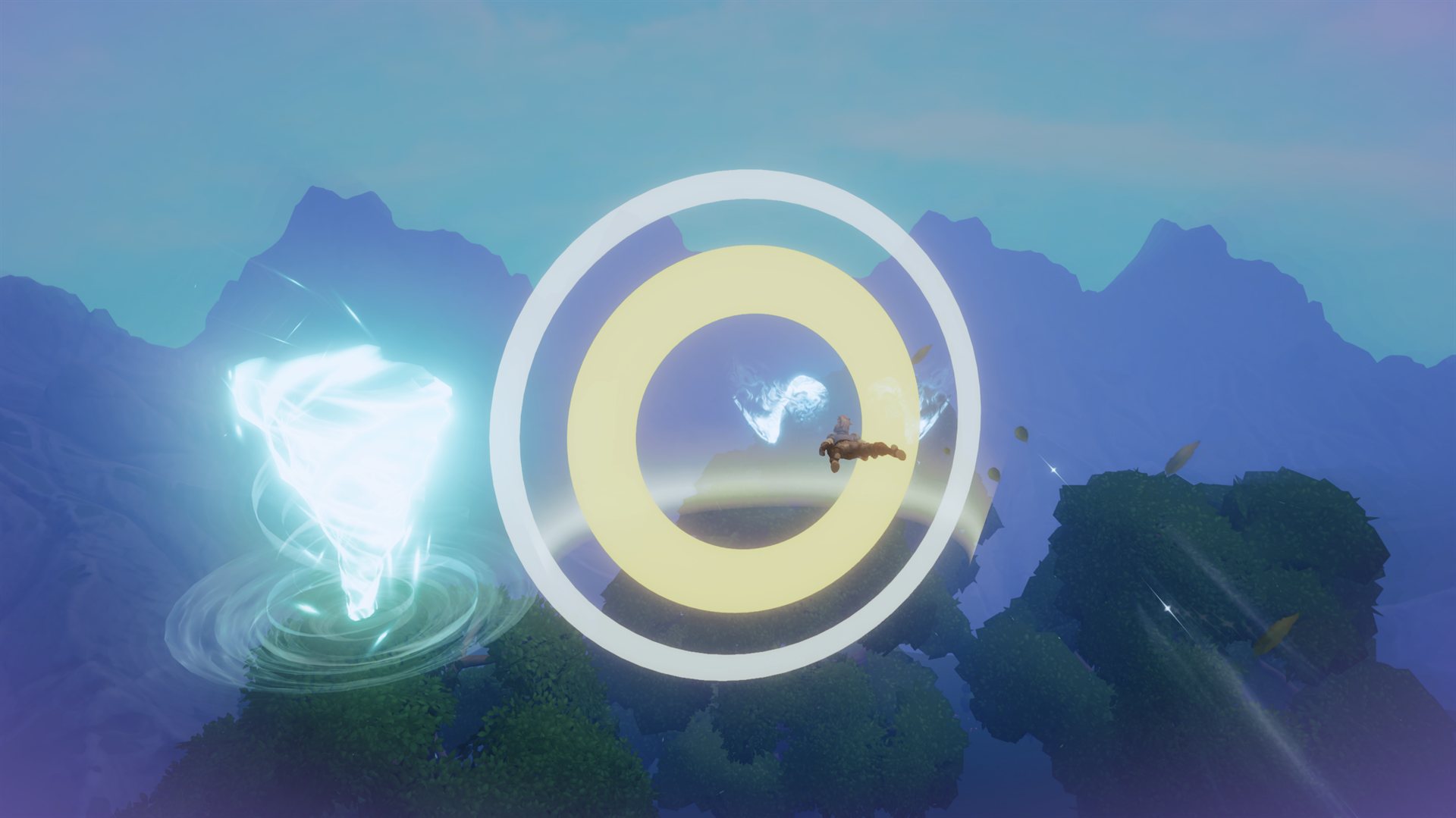 A player gliding on wings through a large golden ring high above a forested valley during the Trial of Ascension, with a glowing tornado to the left, in Where Giants Fall v0.63.