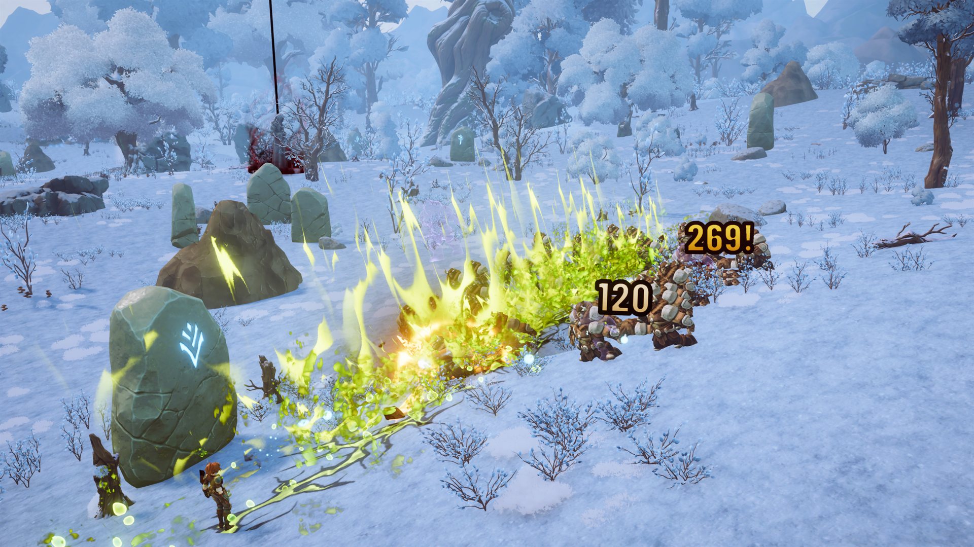 A long venom-green fissure torn across snowy ground, erupting in toxic spikes through a line of enemies in a winter forest, in Where Giants Fall v0.63.