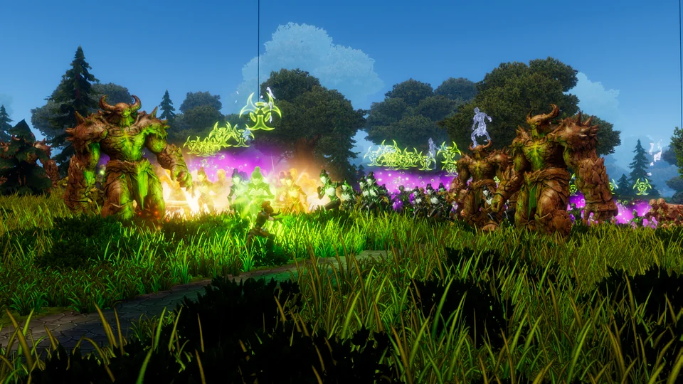 Two enormous tree-like guardians flank a forest battle filled with green poison, purple spells, and golden light.