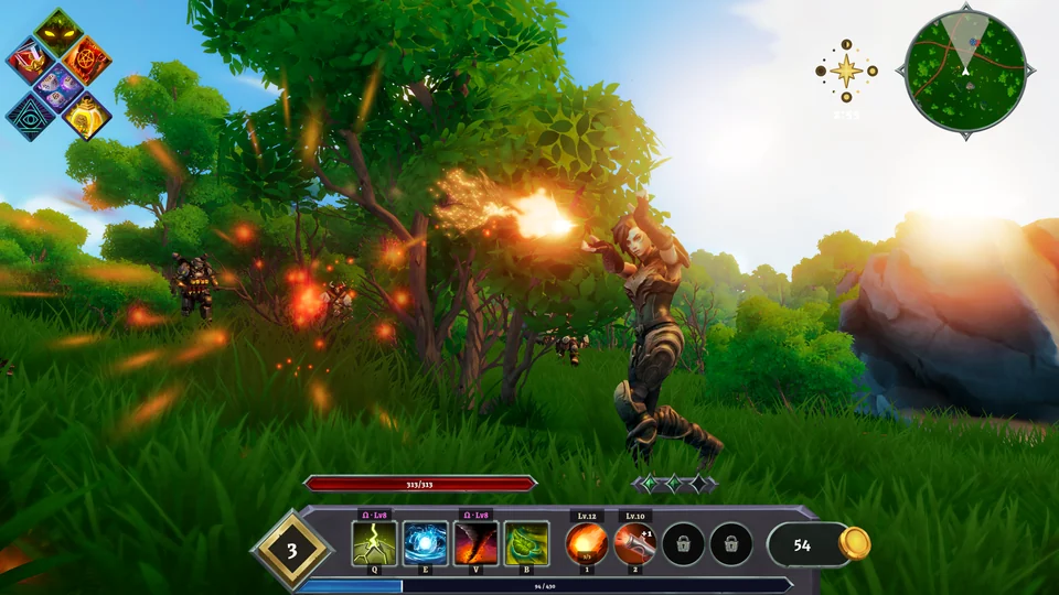 A gun-wielding character fires beside a green tree in warm sunlight, with health, weapon slots, and a circular minimap visible.