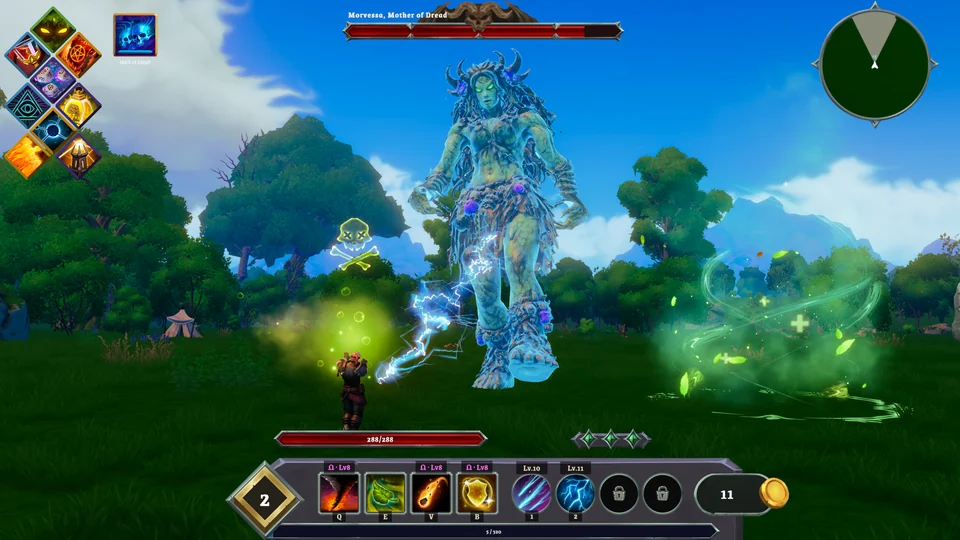 An icy-blue giant towers over the player amid green poison clouds in a summer forest, with the combat interface visible.