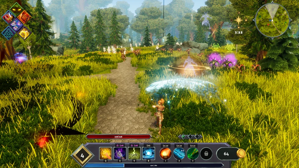 Blue frost waves and purple spell effects cross a grassy forest path ahead of the player, with the combat interface visible.