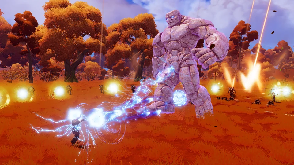 Lightning connects the player to a towering stone giant amid golden projectiles in an orange autumn forest.