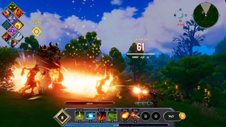 A giant stands amid a spreading firestorm at twilight, with the player interface and a 61-kill Skirmish count visible.