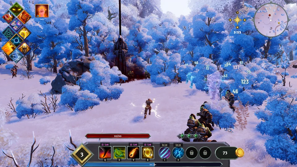 The player fights approaching enemies beside dark standing stones in a snowy forest, with damage numbers and the combat interface visible.