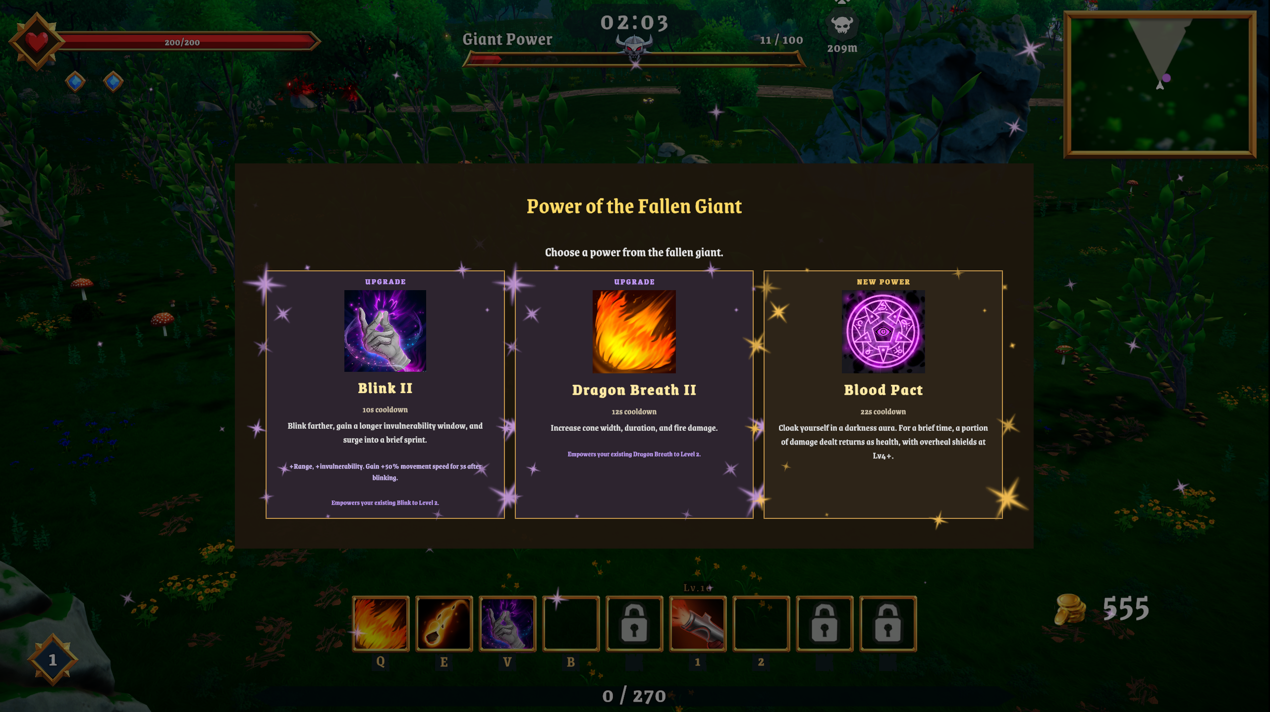 An active ability upgrade draft offering three new powers after a fallen giant encounter