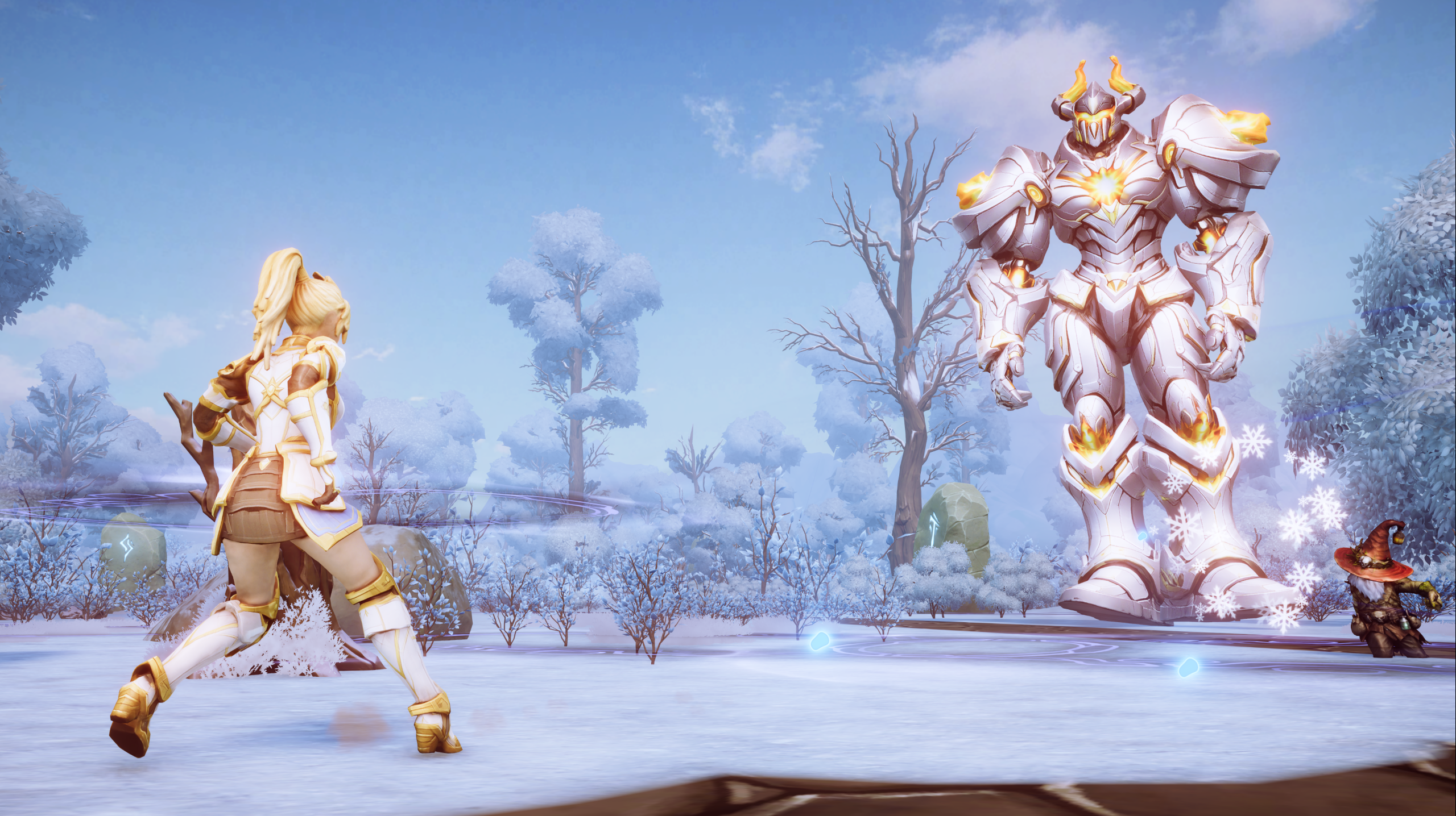 Aeris facing the Ashen Colossus in a snowy battlefield