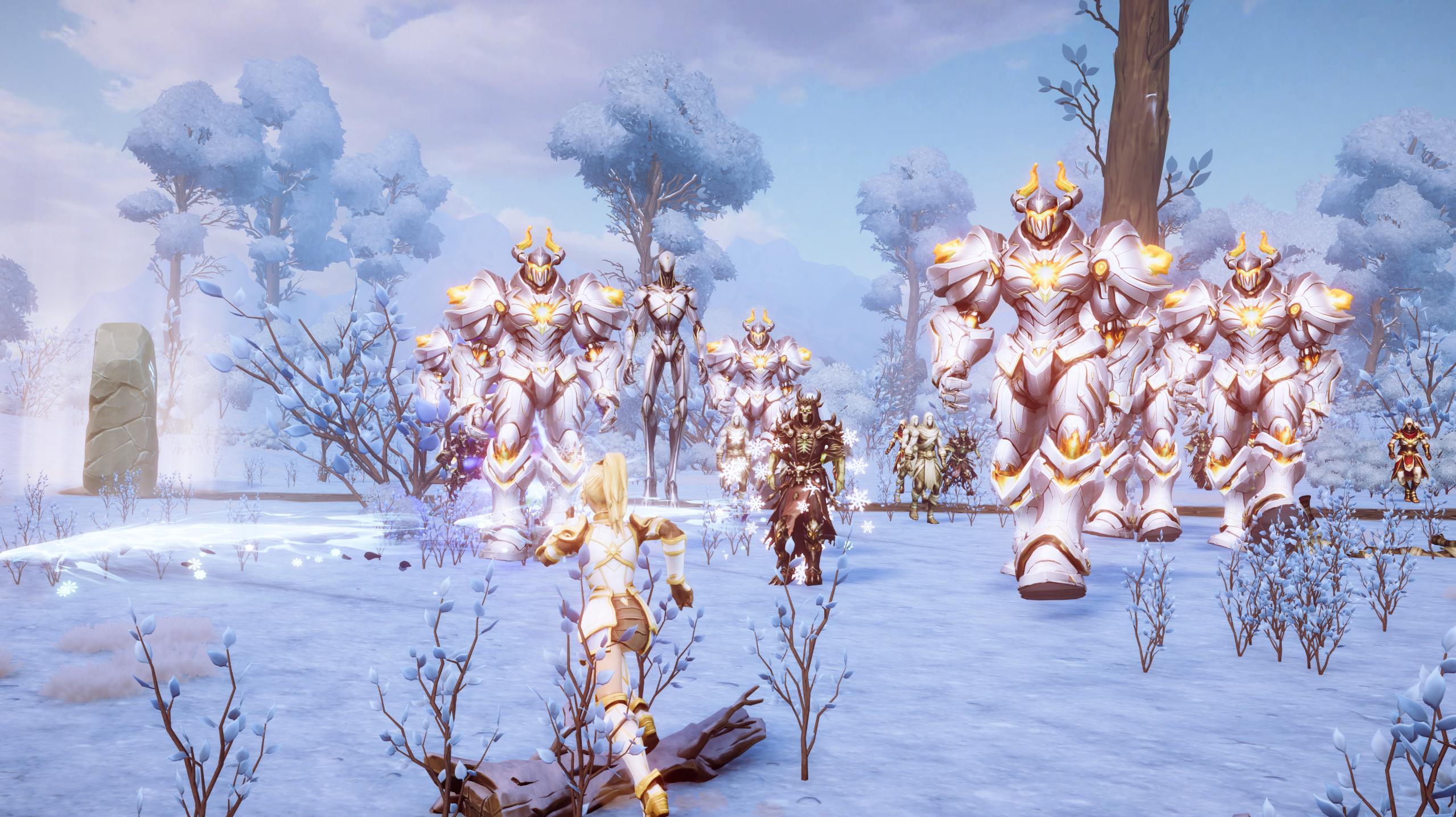Aeris advancing toward a miniboss while giants and enemies crowd the snowy battlefield