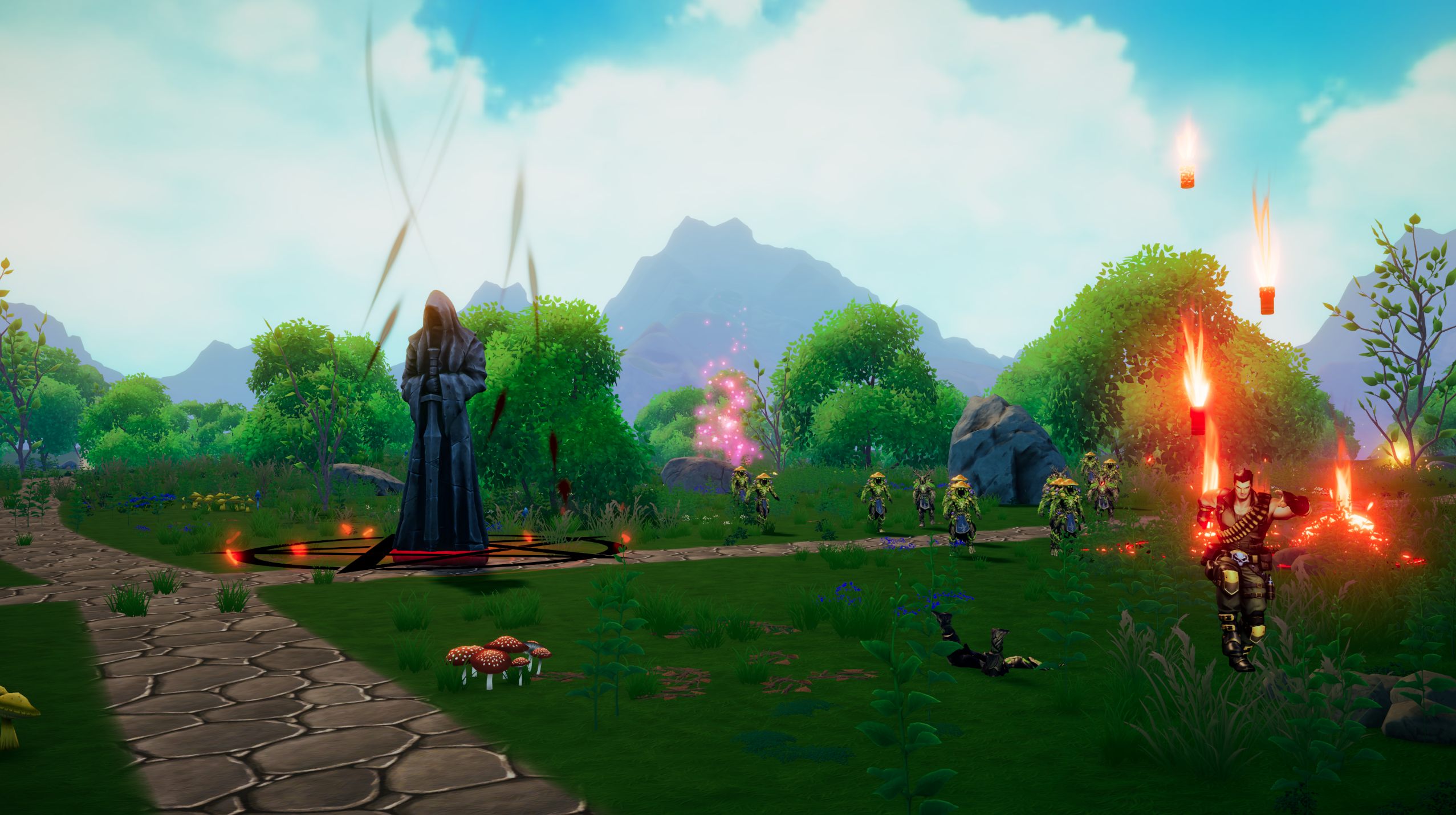 Combat breaking out in a bright summer forest biome in Where Giants Fall