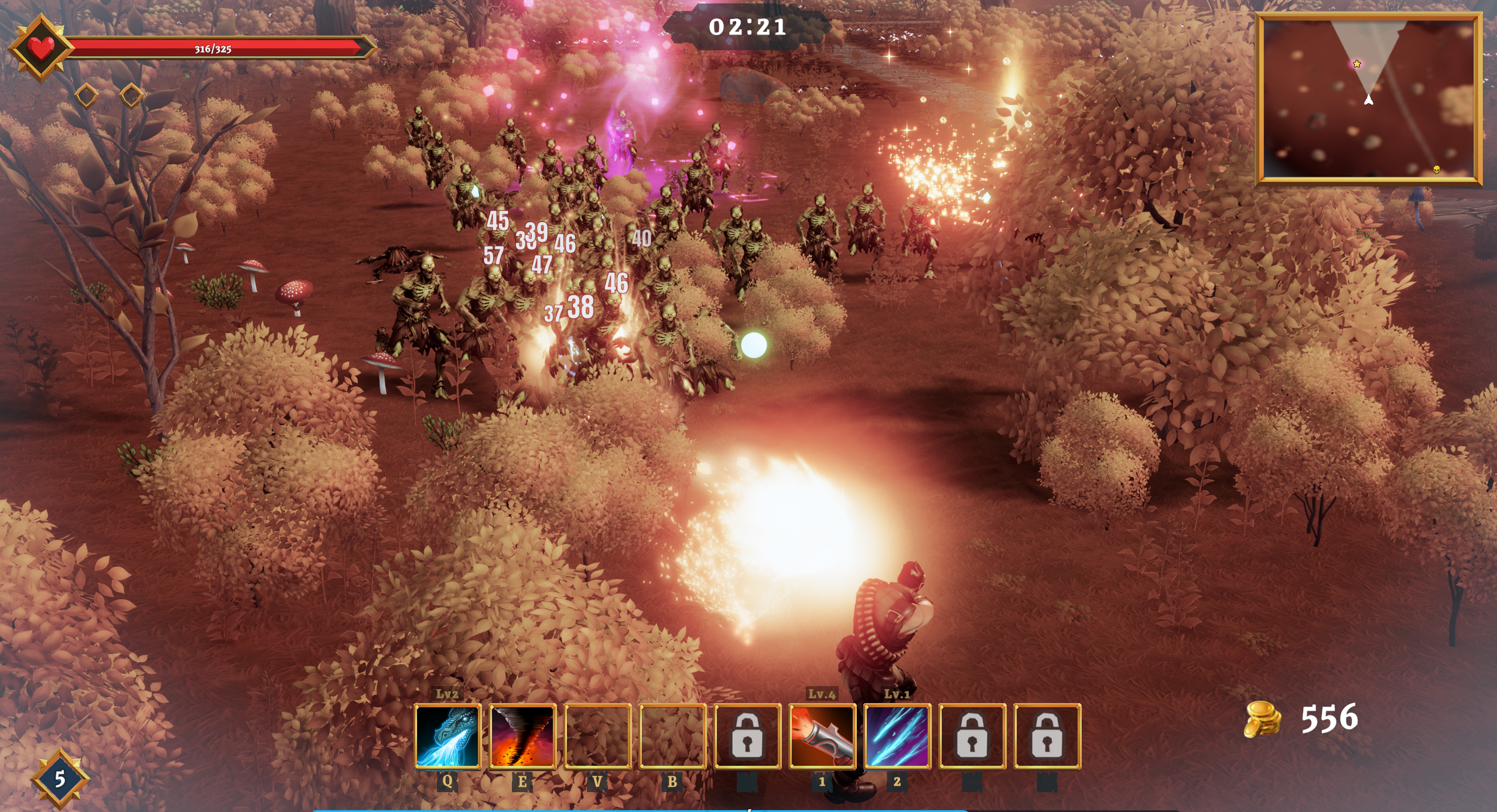 A swarm trial encounter with the player blasting through a dense pack of enemies