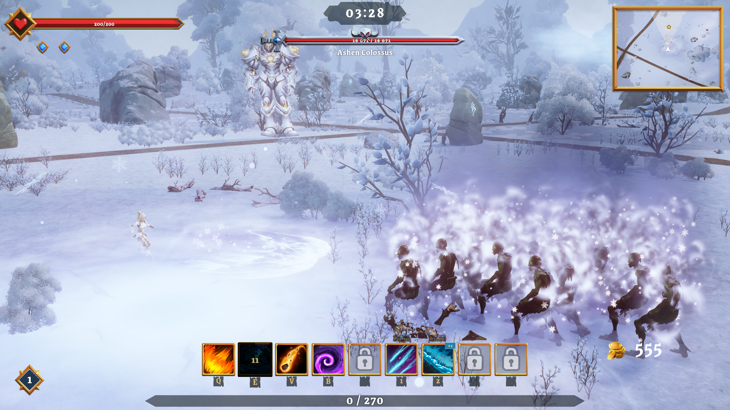 A frozen horde beneath the Ashen Colossus in a snowy biome battle