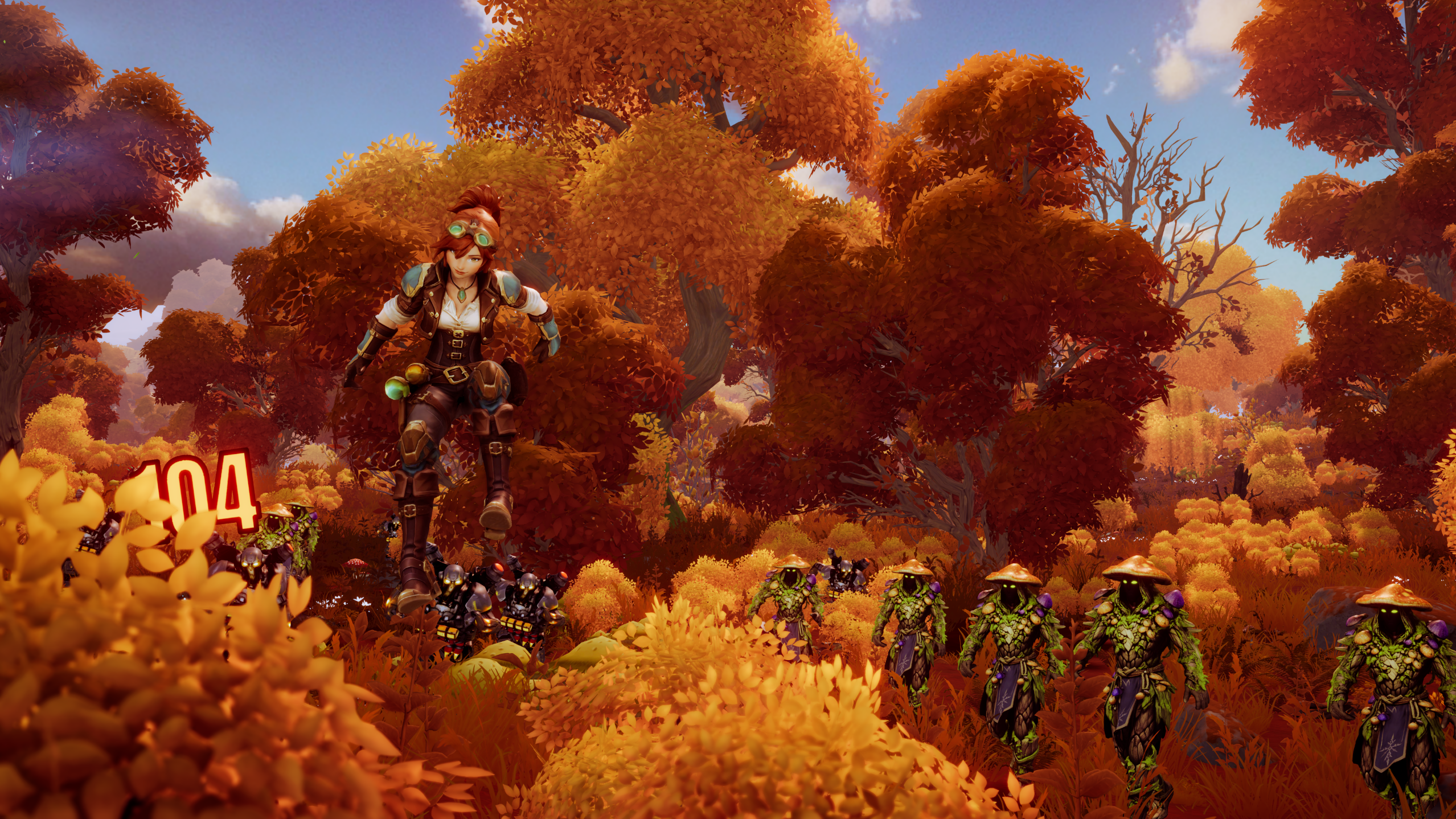 Gemma sprinting through an autumn biome while enemies close in behind her