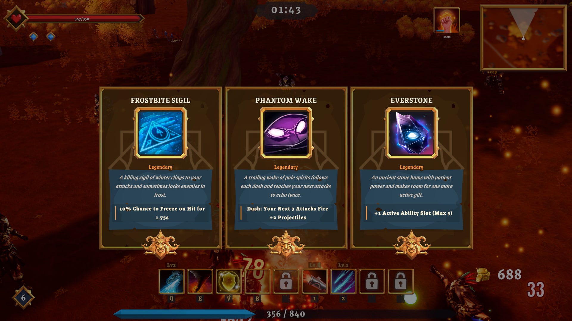 Legendary item upgrade screen showing multiple powerful item options