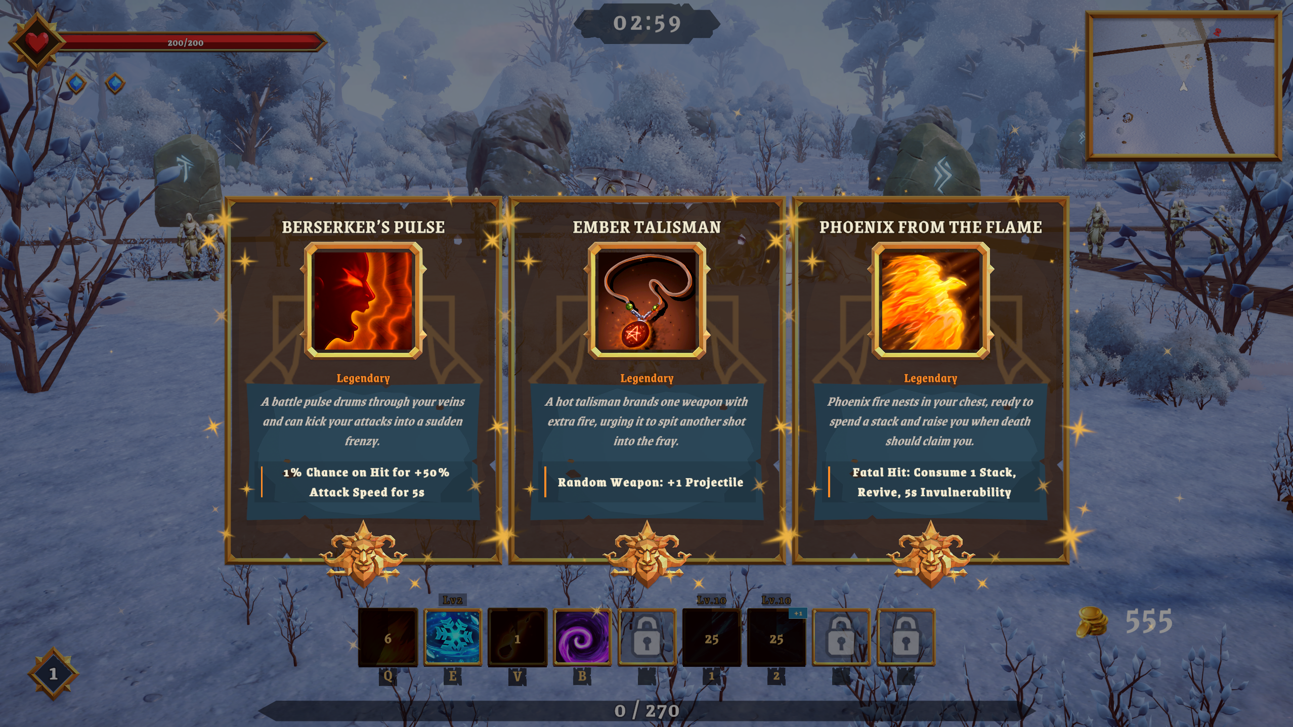 A legendary reward screen appearing over a snowy battlefield