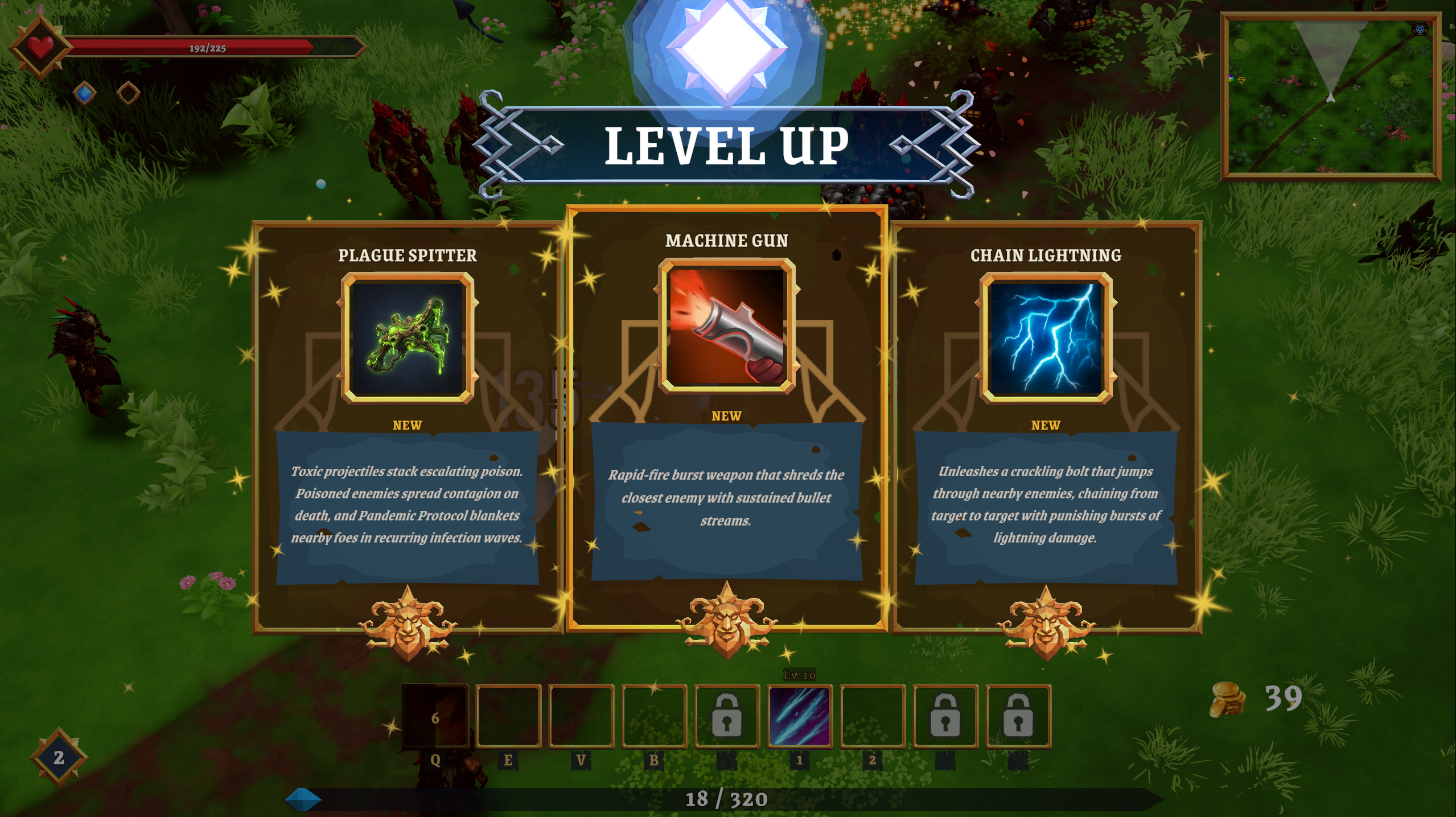 A level-up screen offering new weapon choices while enemies crowd the battlefield