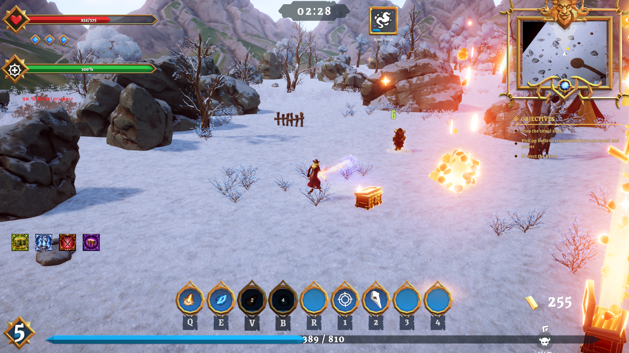 Loot goblins scattering across the stage with items on the ground