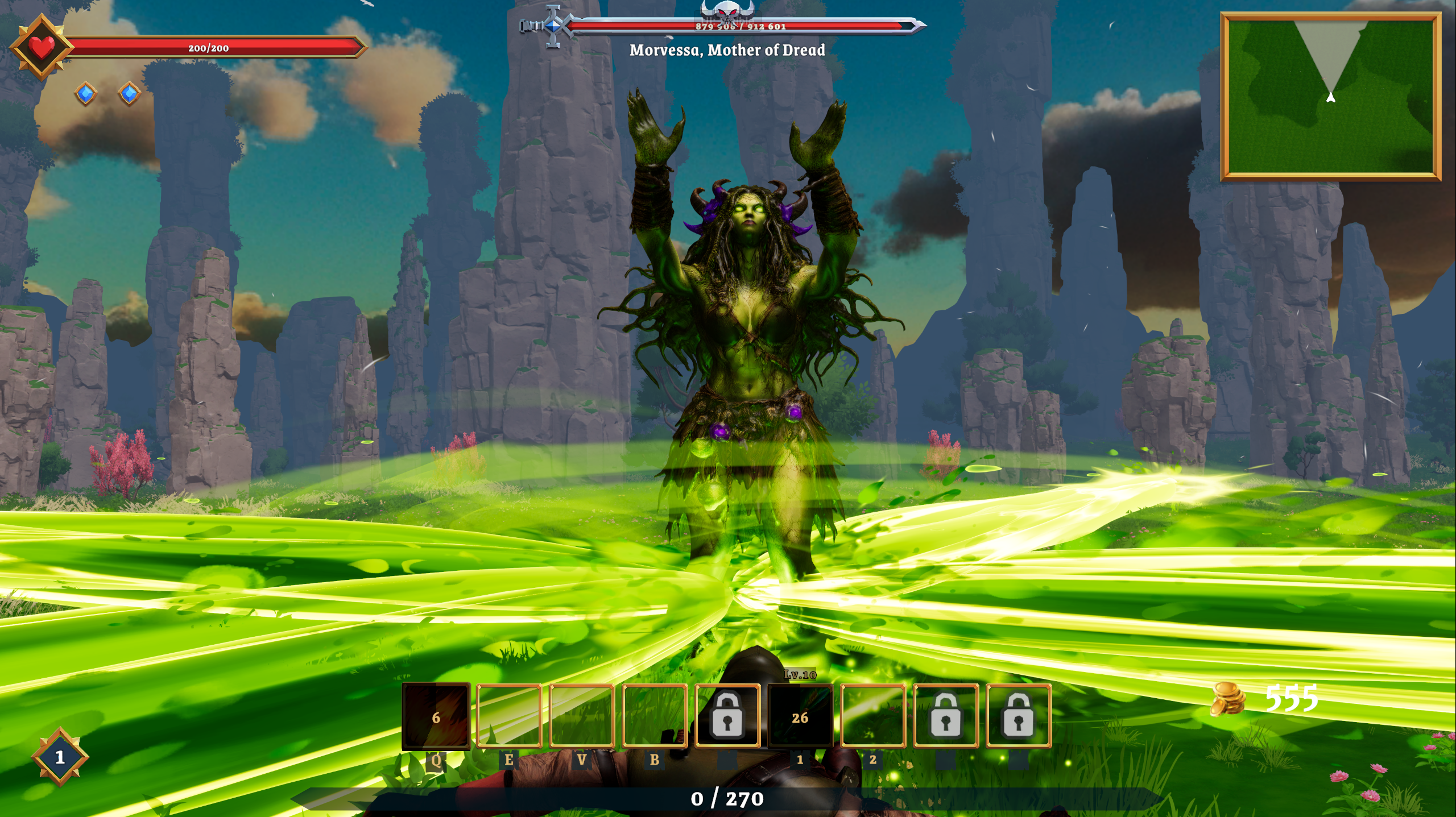 Morvessa, Mother of Dread unleashing a poison beam across the arena