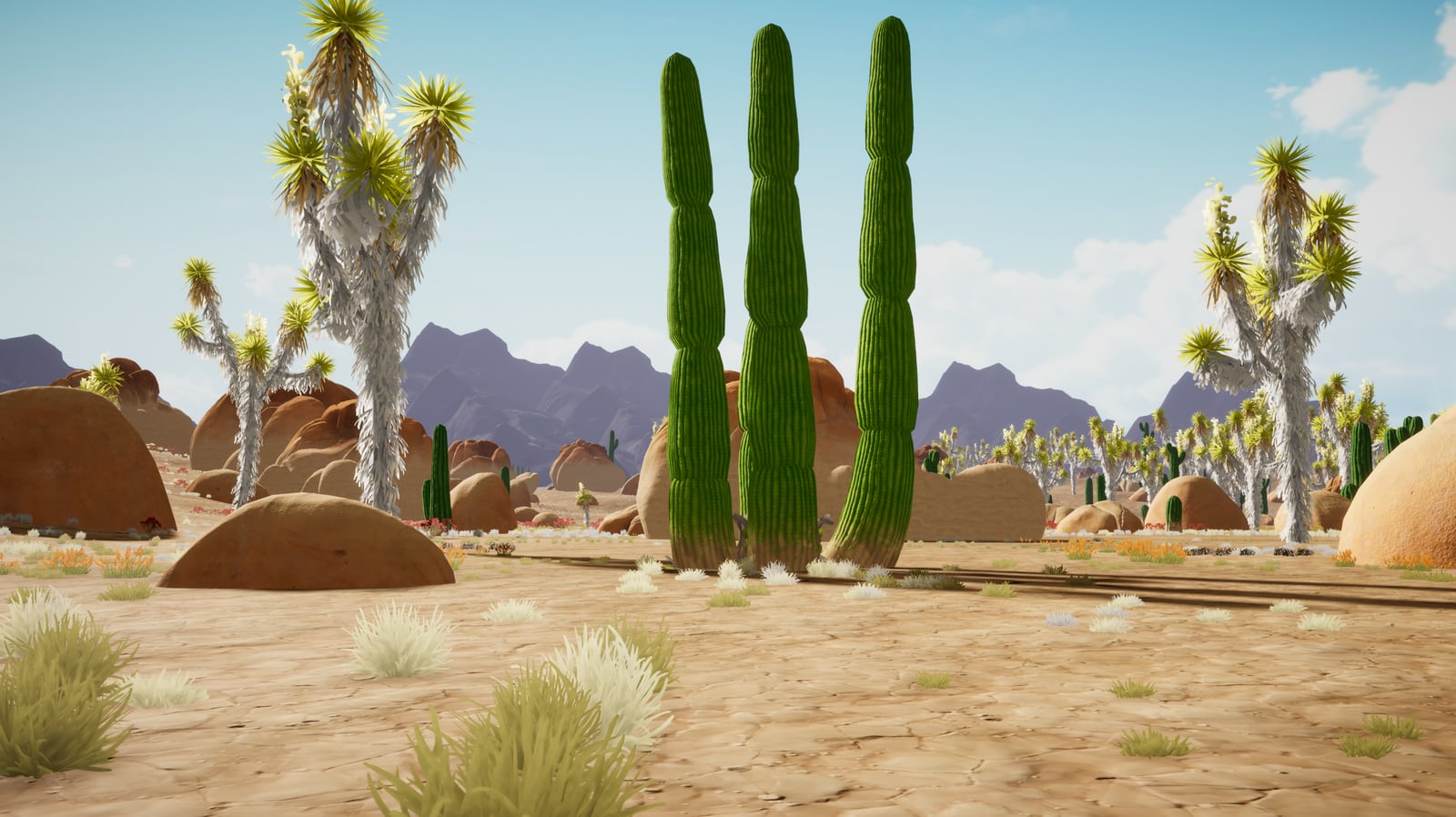 A bright desert biome with cactus clusters and distant mountains in Where Giants Fall