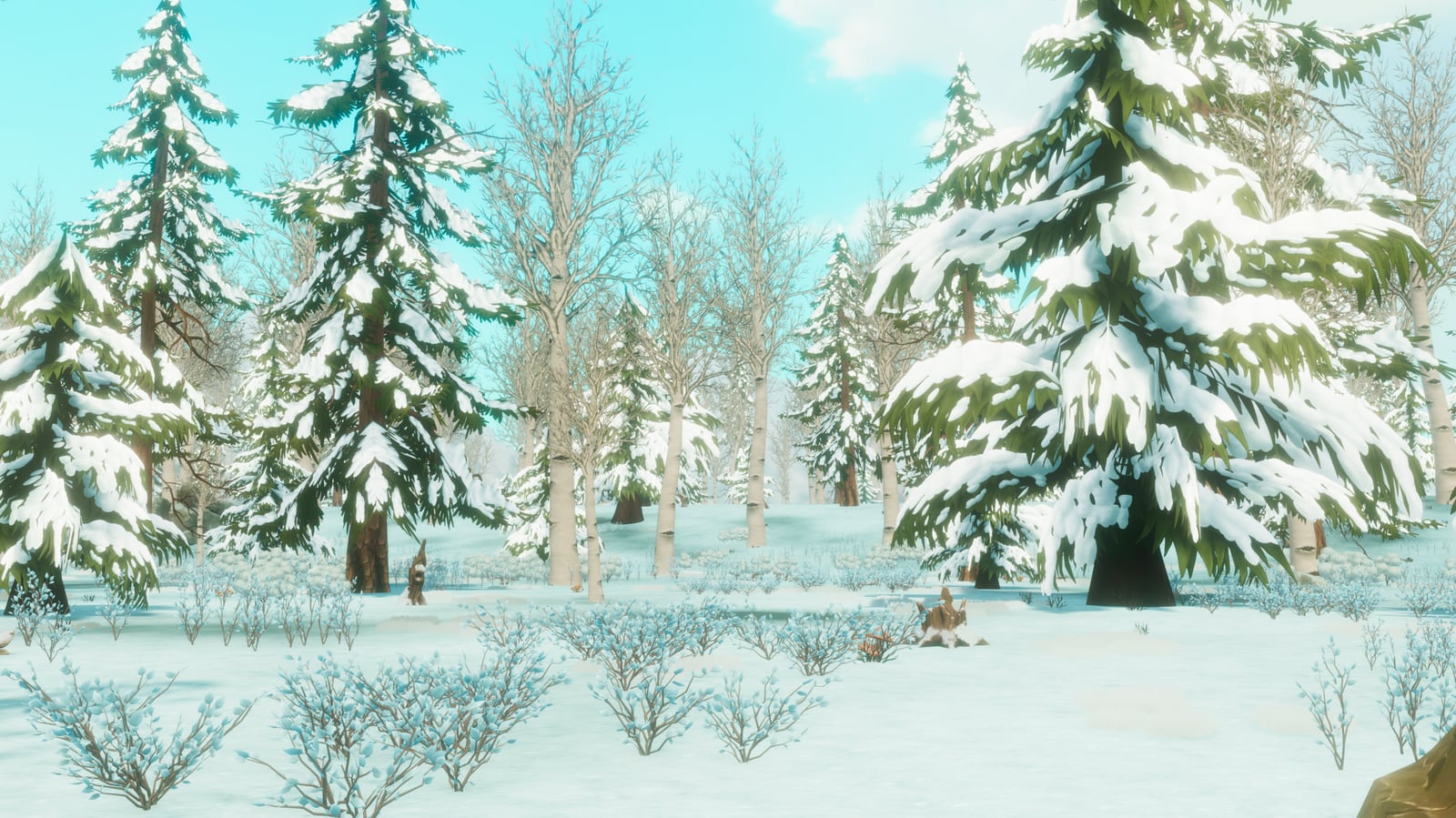 A quiet snowy forest biome with pale trees and frosted ground in Where Giants Fall