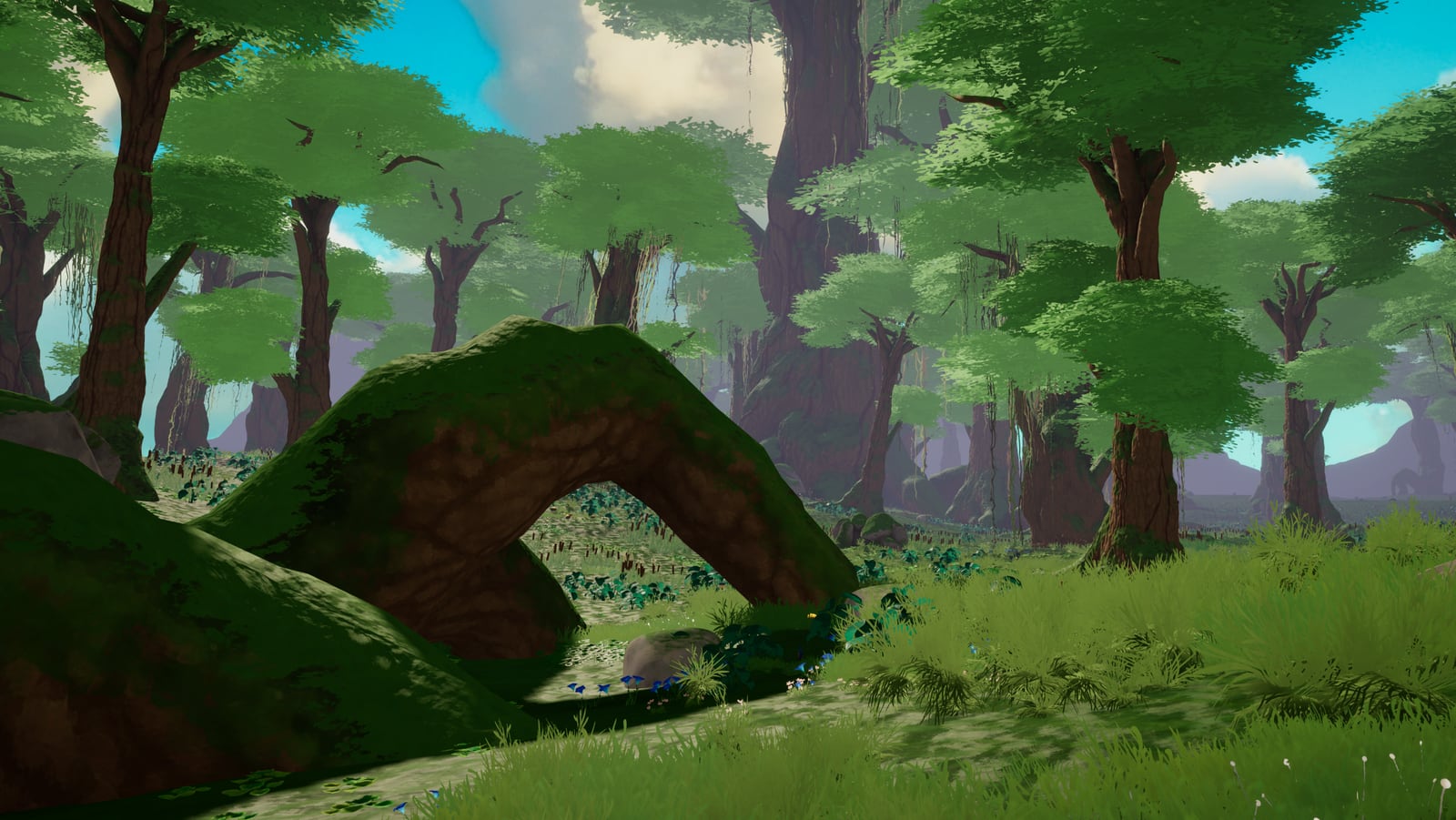 A murky swamp biome with shallow water, twisted trees, and dense wetland growth in Where Giants Fall