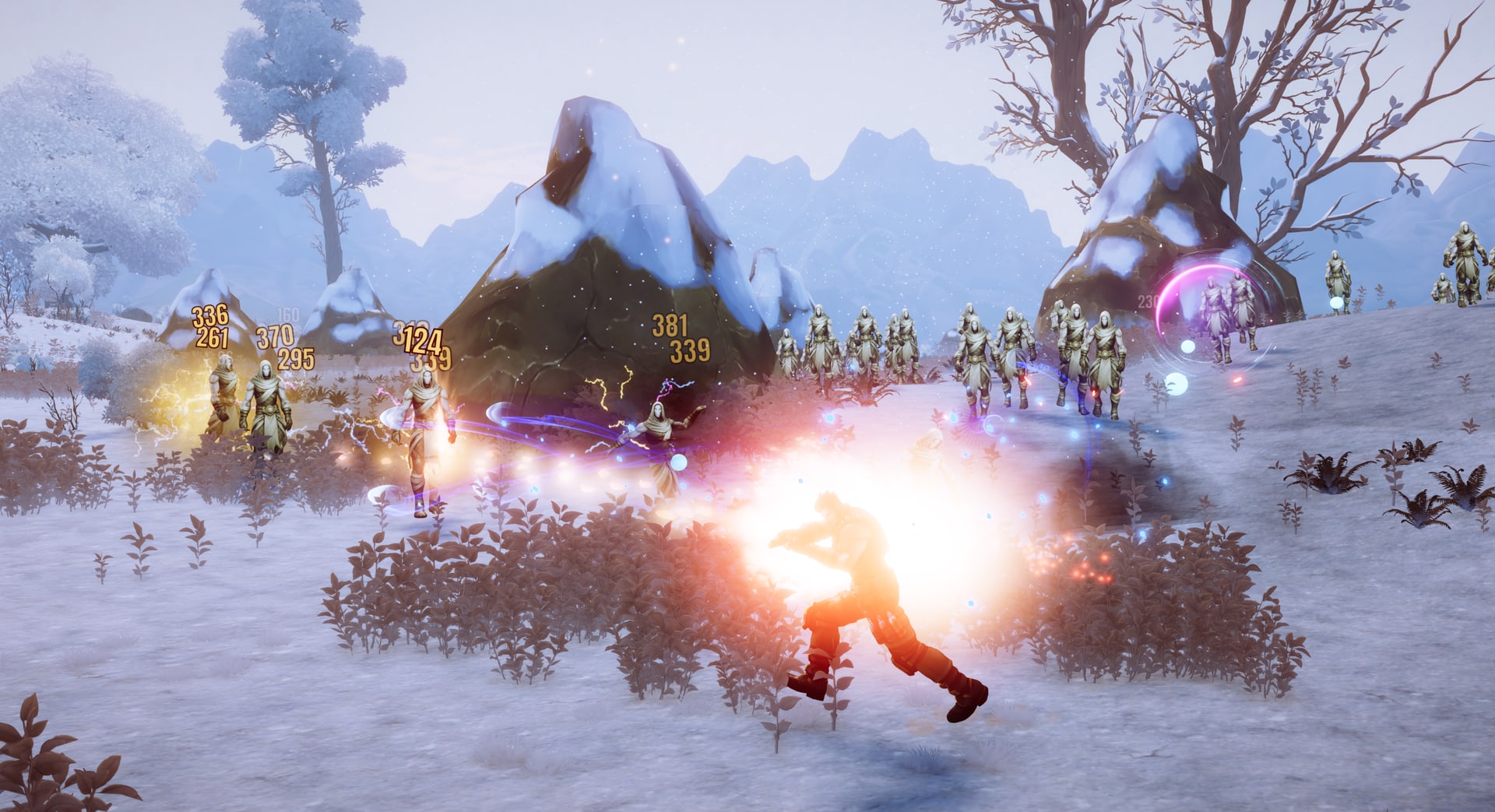 A winter biome combat scene in Where Giants Fall
